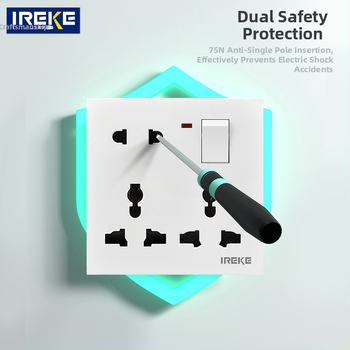 IREKE 86. tipa slēgta sienas universālā kontaktligzda ar slēdzi, astoņas atveres, 13A, AC250V, tin-fosforbronzas kontakti, CE sertificēta