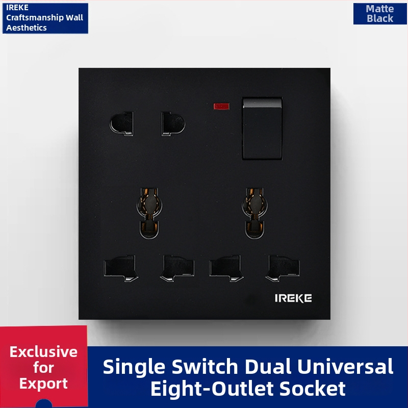 IREKE 86. tipa slēgta sienas universālā kontaktligzda ar slēdzi, astoņas atveres, 13A, AC250V, tin-fosforbronzas kontakti, CE sertificēta