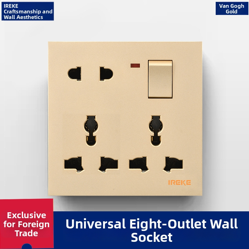 IREKE 86. tipa slēgta sienas universālā kontaktligzda ar slēdzi, astoņas atveres, 13A, AC250V, tin-fosforbronzas kontakti, CE sertificēta