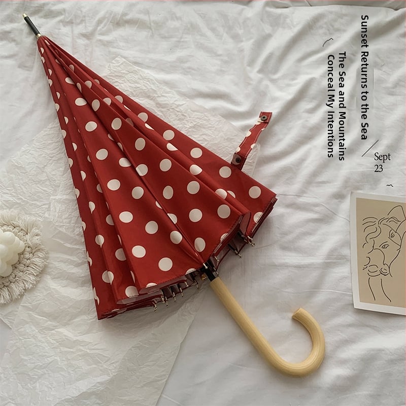 Dvivietis skėtis su ilgu mediniu rankena, 16 rėmų, geležinis rėmas, pusiau automatinis atidarymas, 190T audinys