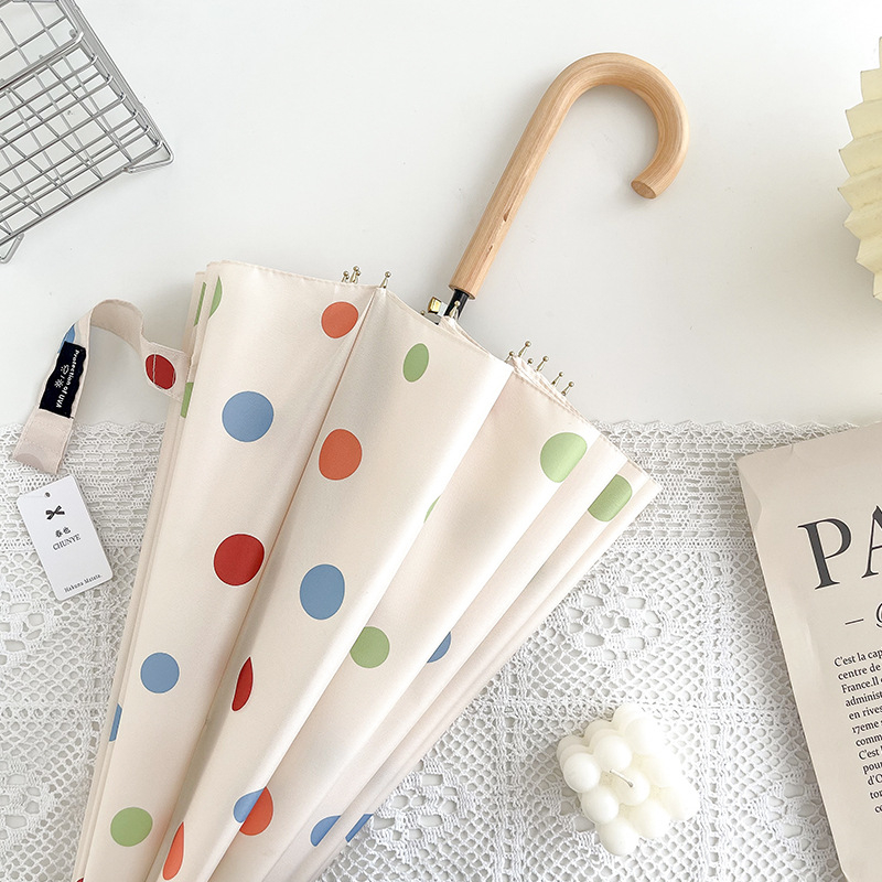 Dvivietis skėtis su ilgu mediniu rankena, 16 rėmų, geležinis rėmas, pusiau automatinis atidarymas, 190T audinys