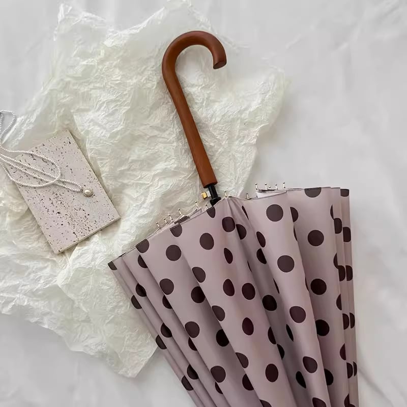 Dvivietis skėtis su ilgu mediniu rankena, 16 rėmų, geležinis rėmas, pusiau automatinis atidarymas, 190T audinys