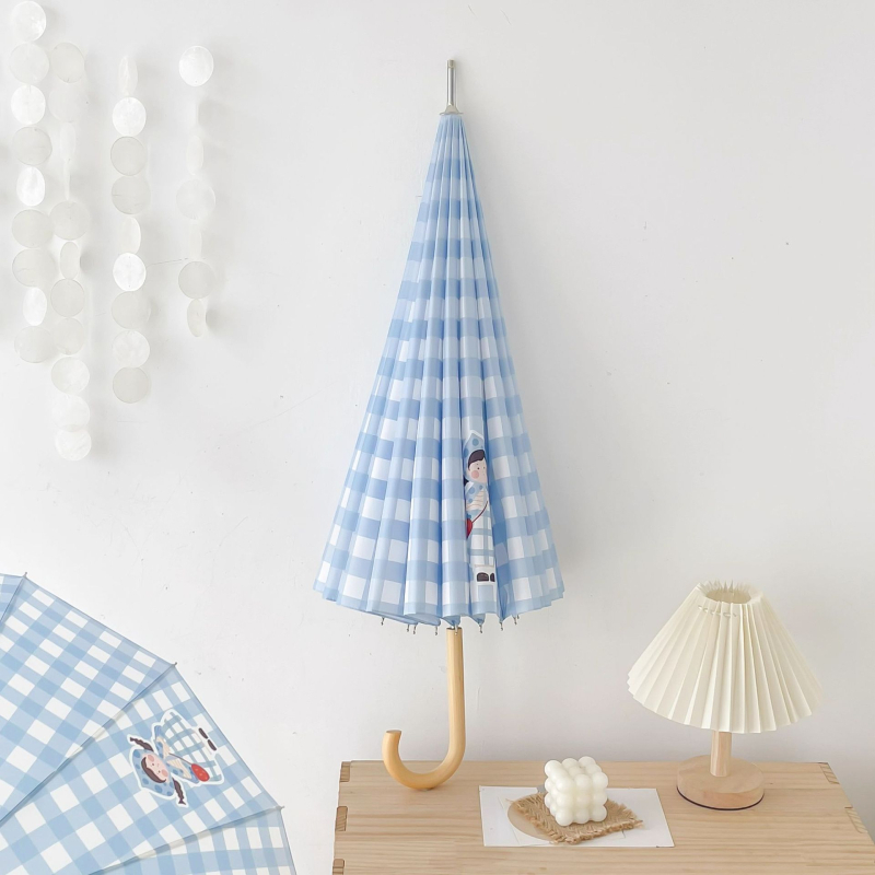 Dvivietis skėtis su ilgu mediniu rankena, 16 rėmų, geležinis rėmas, pusiau automatinis atidarymas, 190T audinys