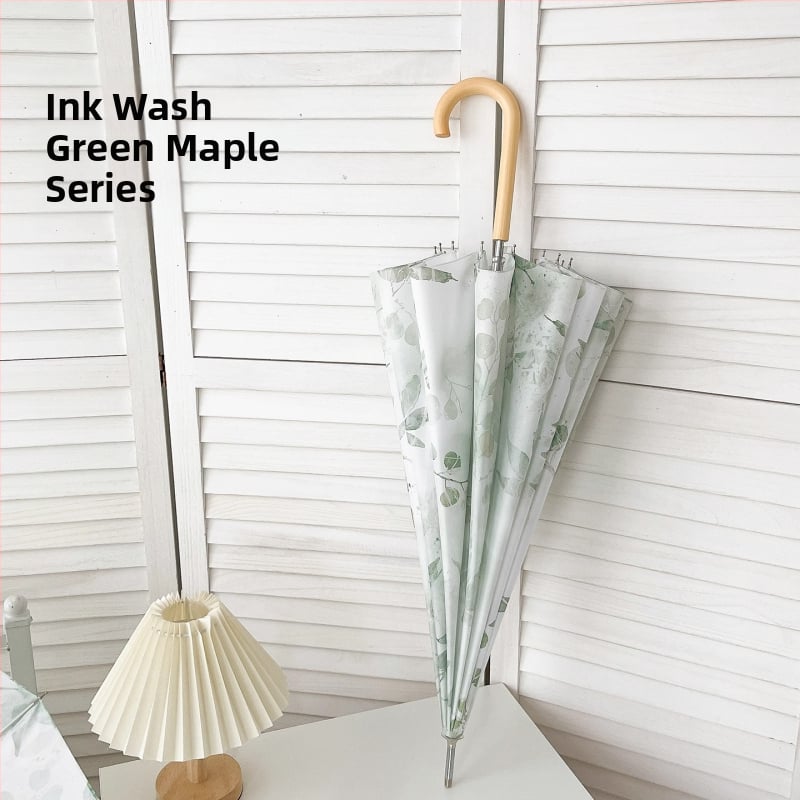 Dvivietis skėtis su ilgu mediniu rankena, 16 rėmų, geležinis rėmas, pusiau automatinis atidarymas, 190T audinys