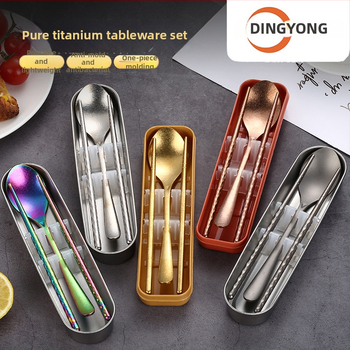 Švarus titano stalo įrankių rinkinys su šaukštu ir lazdelėmis — ultra lengvas, Hemp Wheel poliravimas, minimalistinis stilius