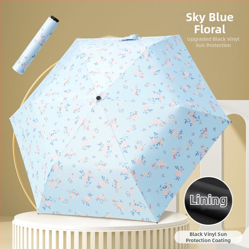 Labai lengvas sulankstomas skėtis su UV apsauga, 6 aliuminio šarvų, 210T poliesterio audinys, rankinis atidarymas uždarymas, sveria 130 g