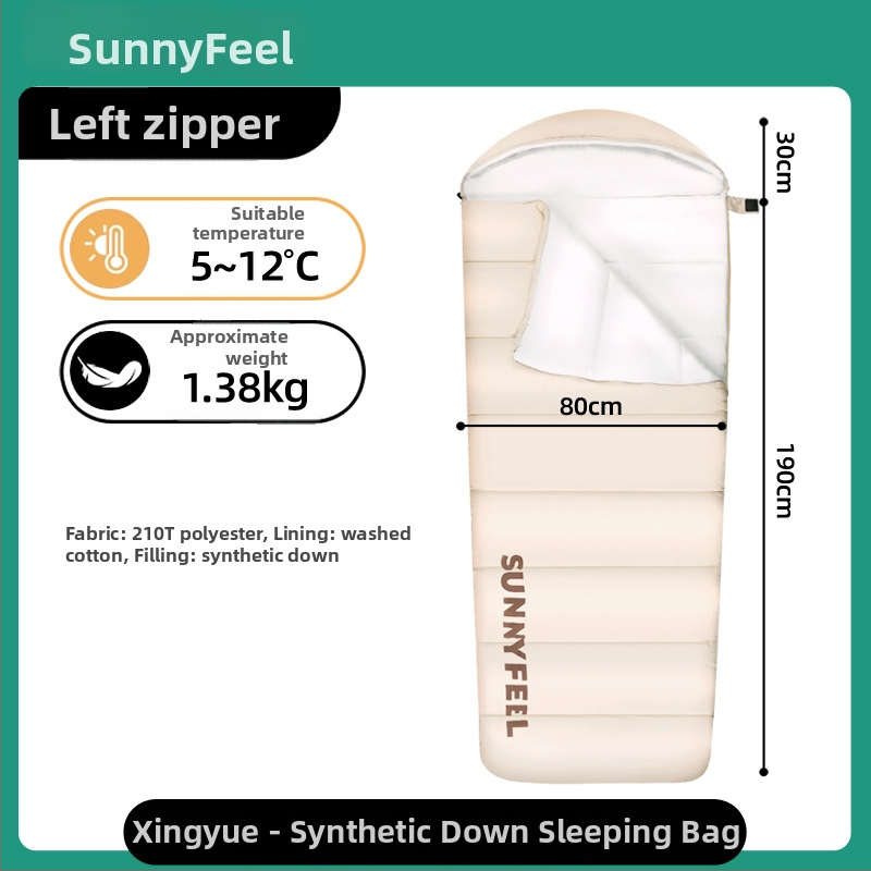 SunnyFeel Mountain Gate Lauko žieminis miegmaišis — lengvas automobiliui, suaugusiems; Užpildas: imitacinė pūkų medžiaga; Vidaus: plauti medvilnė; Audinys: Chunya spinning; Struktūra: vokinis tipas