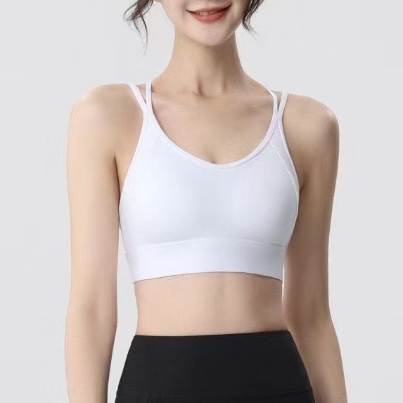 Moteriški sportiniai viršūnėlė su formuotais puodeliais, fiksuoti dvigubi dirželiai, greitai džiūstantis audinys, nailonas 70% / spandeksas 25%