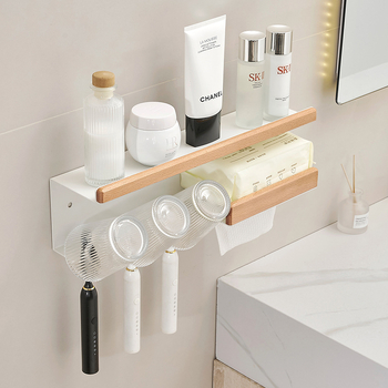 Dantų šepetėlių laikiklis, sieninis montavimas be gręžimo, Space aliuminis + kietas medis, su burnos skalavimo puodelio laikikliu ir popierinių rankšluosčių laikikliu, prekė Darxinee