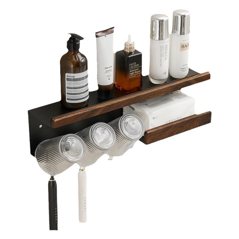 Dantų šepetėlių laikiklis, sieninis montavimas be gręžimo, Space aliuminis + kietas medis, su burnos skalavimo puodelio laikikliu ir popierinių rankšluosčių laikikliu, prekė Darxinee