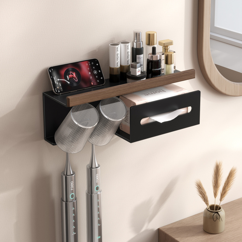 Dantų šepetėlių laikiklis, sieninis montavimas be gręžimo, Space aliuminis + kietas medis, su burnos skalavimo puodelio laikikliu ir popierinių rankšluosčių laikikliu, prekė Darxinee