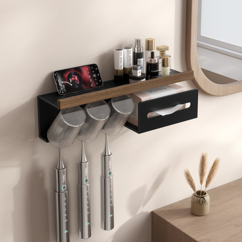 Dantų šepetėlių laikiklis, sieninis montavimas be gręžimo, Space aliuminis + kietas medis, su burnos skalavimo puodelio laikikliu ir popierinių rankšluosčių laikikliu, prekė Darxinee