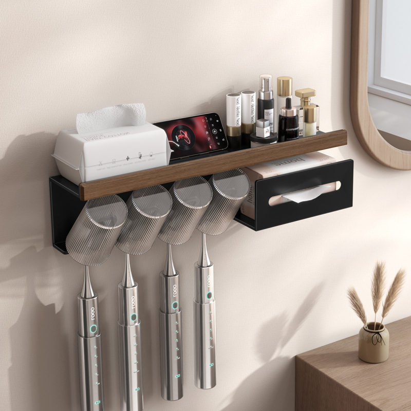 Dantų šepetėlių laikiklis, sieninis montavimas be gręžimo, Space aliuminis + kietas medis, su burnos skalavimo puodelio laikikliu ir popierinių rankšluosčių laikikliu, prekė Darxinee