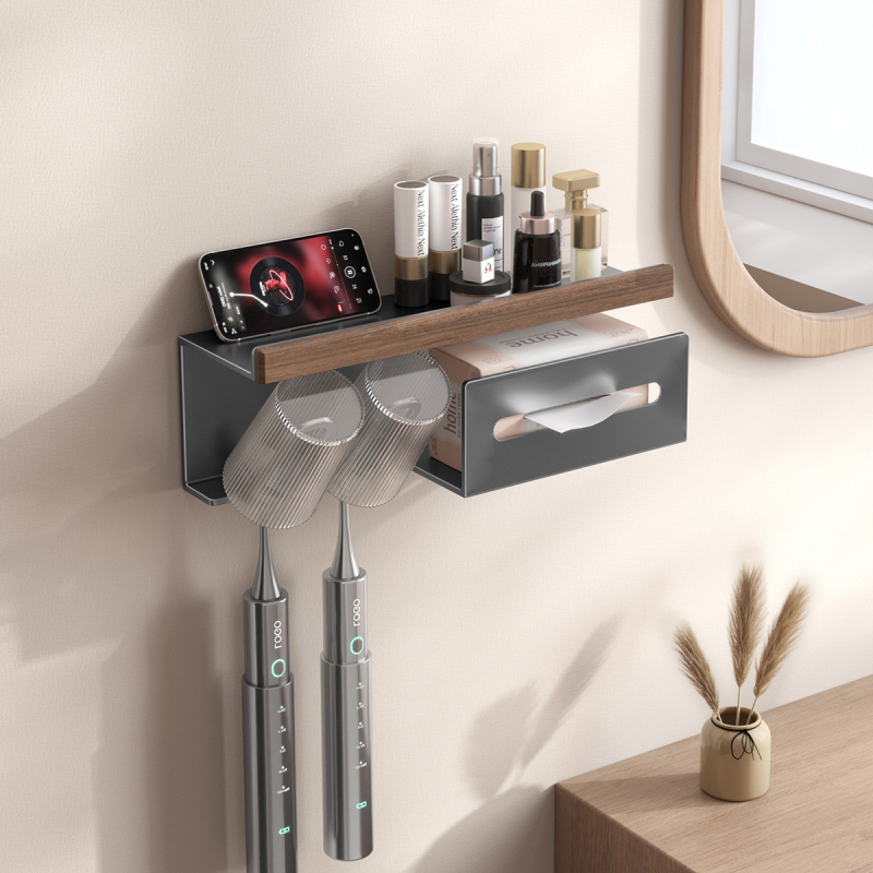 Dantų šepetėlių laikiklis, sieninis montavimas be gręžimo, Space aliuminis + kietas medis, su burnos skalavimo puodelio laikikliu ir popierinių rankšluosčių laikikliu, prekė Darxinee