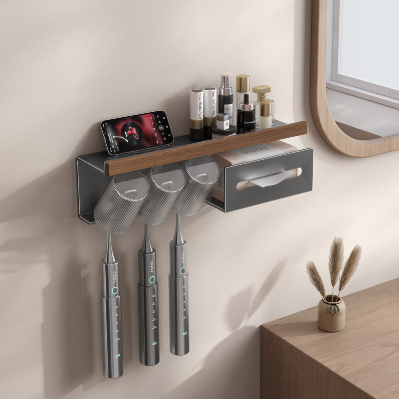 Dantų šepetėlių laikiklis, sieninis montavimas be gręžimo, Space aliuminis + kietas medis, su burnos skalavimo puodelio laikikliu ir popierinių rankšluosčių laikikliu, prekė Darxinee