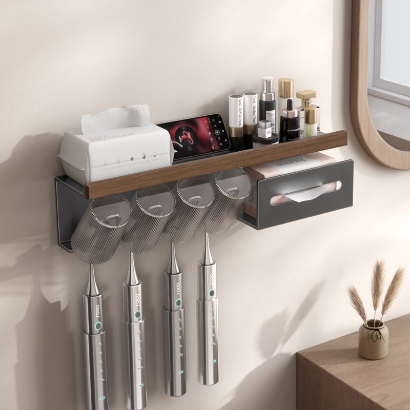 Dantų šepetėlių laikiklis, sieninis montavimas be gręžimo, Space aliuminis + kietas medis, su burnos skalavimo puodelio laikikliu ir popierinių rankšluosčių laikikliu, prekė Darxinee