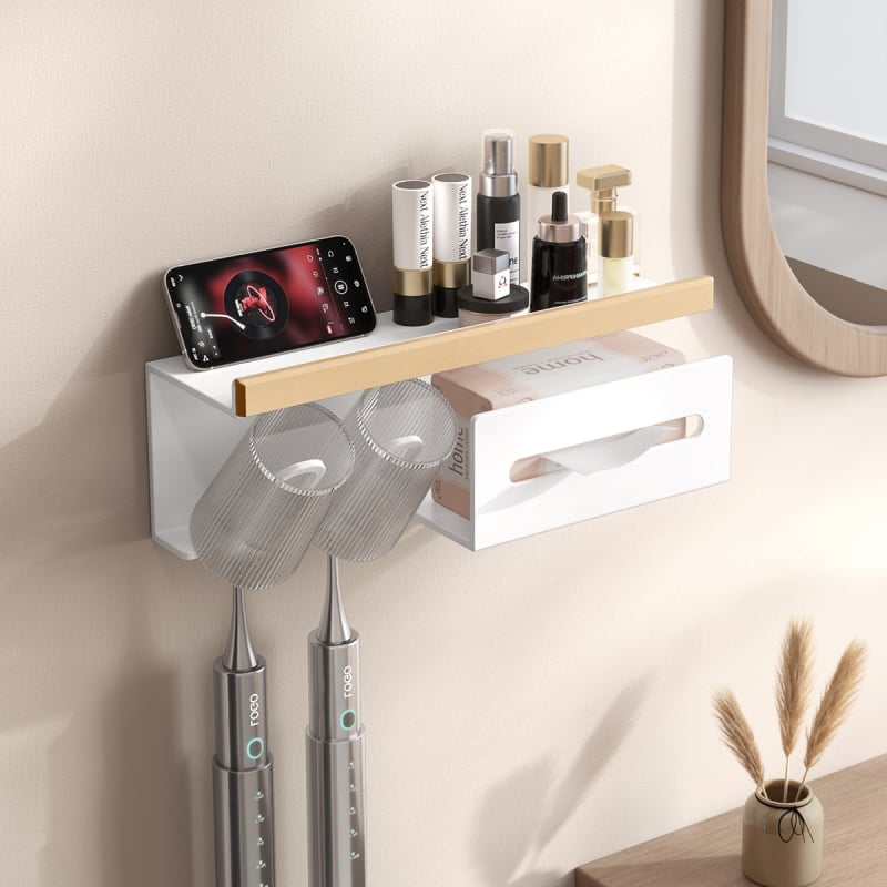 Dantų šepetėlių laikiklis, sieninis montavimas be gręžimo, Space aliuminis + kietas medis, su burnos skalavimo puodelio laikikliu ir popierinių rankšluosčių laikikliu, prekė Darxinee