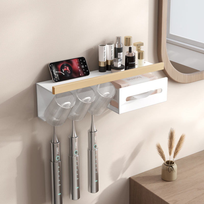 Dantų šepetėlių laikiklis, sieninis montavimas be gręžimo, Space aliuminis + kietas medis, su burnos skalavimo puodelio laikikliu ir popierinių rankšluosčių laikikliu, prekė Darxinee