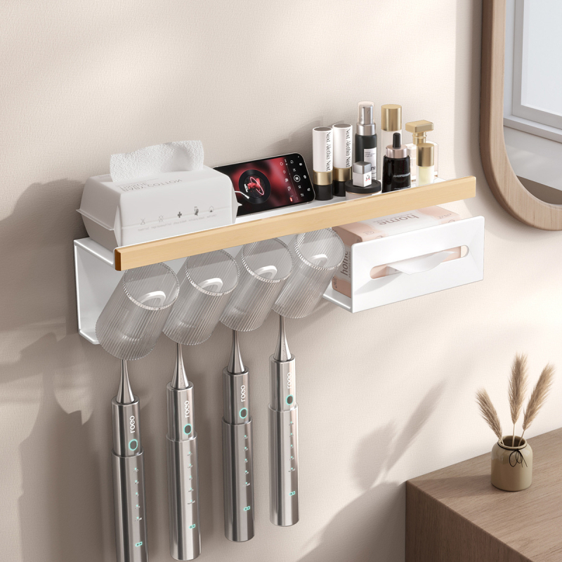 Dantų šepetėlių laikiklis, sieninis montavimas be gręžimo, Space aliuminis + kietas medis, su burnos skalavimo puodelio laikikliu ir popierinių rankšluosčių laikikliu, prekė Darxinee