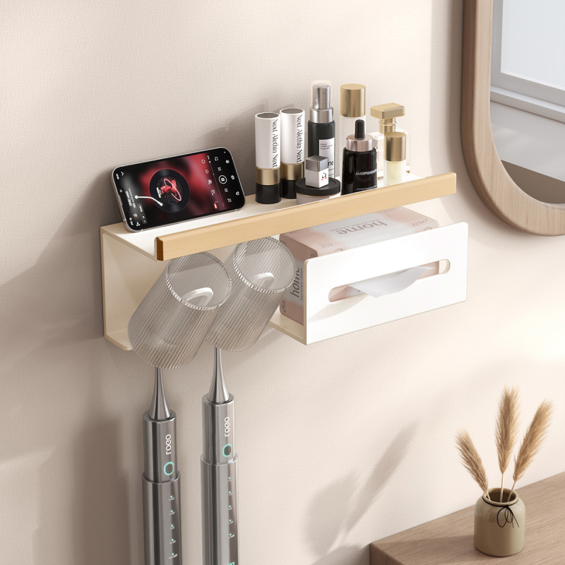 Dantų šepetėlių laikiklis, sieninis montavimas be gręžimo, Space aliuminis + kietas medis, su burnos skalavimo puodelio laikikliu ir popierinių rankšluosčių laikikliu, prekė Darxinee