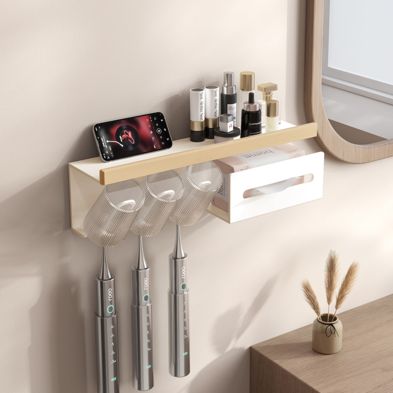 Dantų šepetėlių laikiklis, sieninis montavimas be gręžimo, Space aliuminis + kietas medis, su burnos skalavimo puodelio laikikliu ir popierinių rankšluosčių laikikliu, prekė Darxinee