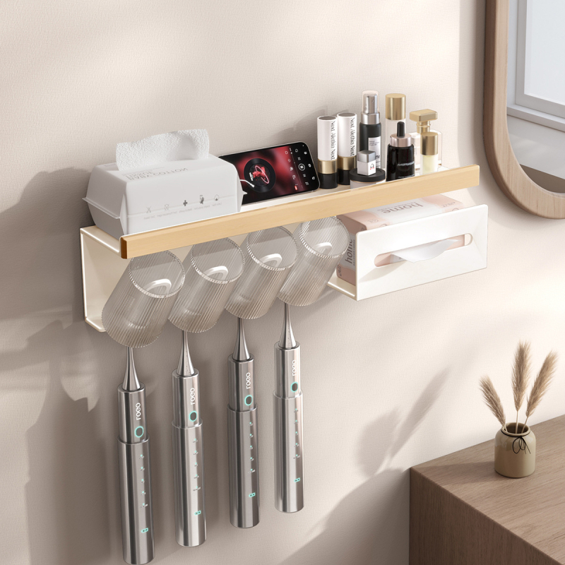 Dantų šepetėlių laikiklis, sieninis montavimas be gręžimo, Space aliuminis + kietas medis, su burnos skalavimo puodelio laikikliu ir popierinių rankšluosčių laikikliu, prekė Darxinee