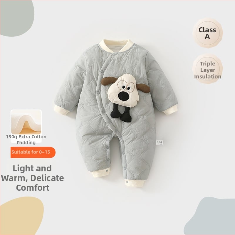 Kūdikių šliaužimo bodis – stora nailoninė išorė, medvilninė įdėklas, ilgos rankovės, diagoninis priekinis užsegimas sagomis, žiemai ir rudeniui, vienos lyties, naujagimiams 0–12 mėnesių