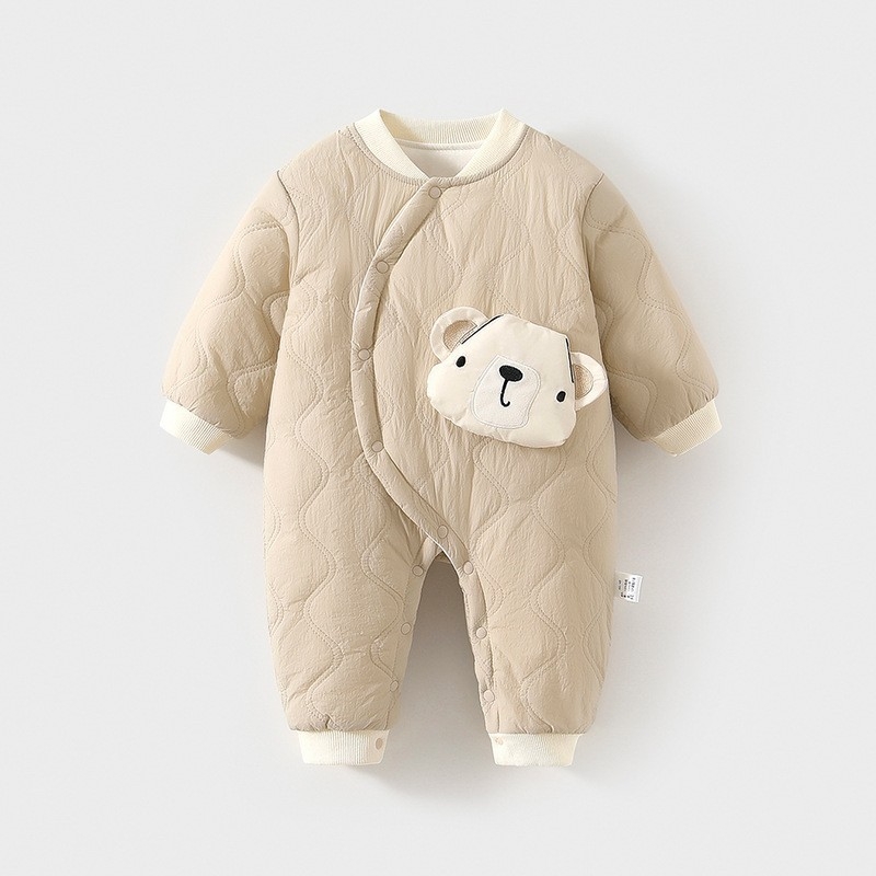 Бебешки гащеризон за пълзене – удебелен нейлонов външен слой, памучна подплата, дълги ръкави, без качулка, диагонално предно копчване, за зимата и есента, унисекс, новородени 0–12 м