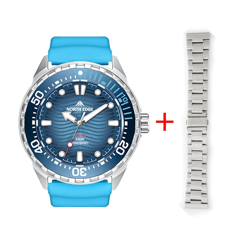 NORTH EDGE nardymo laikrodis su saulės energijos kvarciniu mechanizmu, atsparus vandeniui iki 100 m, pasukamas chronografijos bezelis, gumos juosta