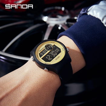 Sanda elektroniska rokas pulkstenis – universāls, daudzfunkcionāls sporta stils, luminējošs, ūdensdrošs līdz 50 m, elektroniskais mehānisms, kustība no Japānas, korpuss ABS, silikona siksna