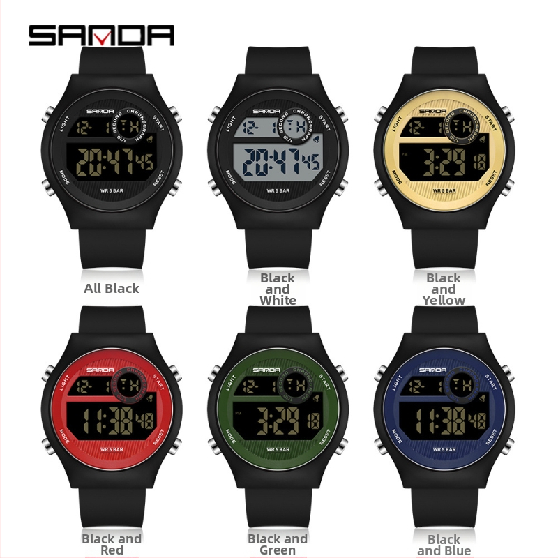 Sanda elektronické hodinky – unisex, viacfunkčný športový štýl, svetelný, vodotesné do 50 m, elektronický pohon, pôvod pohybu Japonsko, puzdro ABS, silikónový remienok