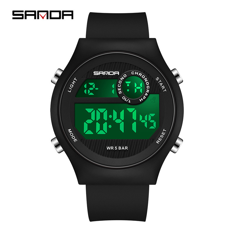 Sanda elektroniska rokas pulkstenis – universāls, daudzfunkcionāls sporta stils, luminējošs, ūdensdrošs līdz 50 m, elektroniskais mehānisms, kustība no Japānas, korpuss ABS, silikona siksna