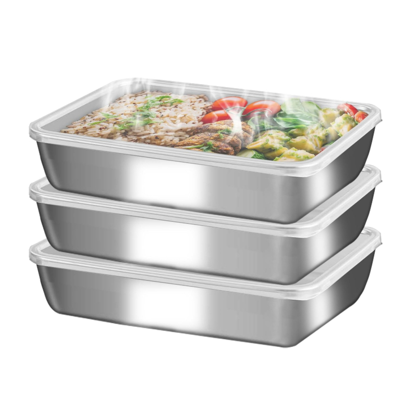 Kutija za hranu od 304 nehrđajućeg čelika, pravokutna, s čvrstim poklopcem, za hladnjak/skladištenje, kapaciteti 0,8–1,0 L; 1–2 L; 2,1–3 L