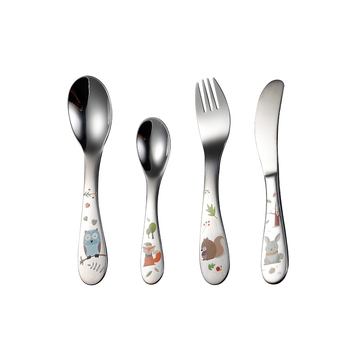 Vaikų stalo įrankių rinkinys (peilis, šakutė ir šaukštas) — 304 nerūdijantis plienas, karikatūrinis raštas, veidrodinis poliravimas, tinkamas vaikams