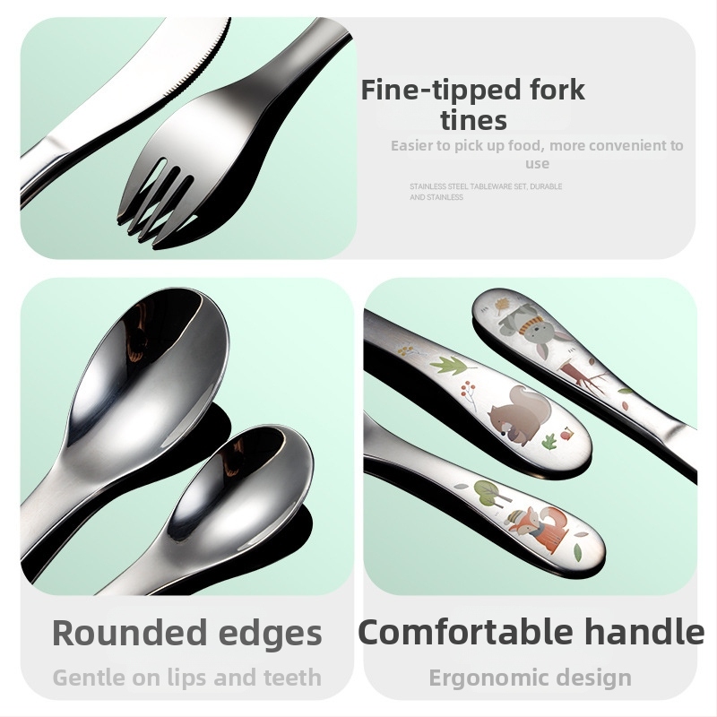 Lastele söögiriistade komplekt: nuga, kahvel ja lusikas — 304 roostevabast terasest, karikatuurne muster, peegelviimistlus, lastele sobiv