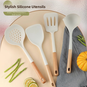 Silicone spatulų rinkinys su medine rankena, atsparus aukštai temperatūrai, nelimpan