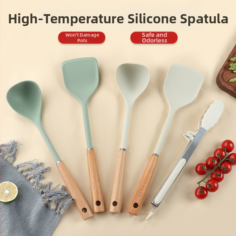 Silicone spatulų rinkinys su medine rankena, atsparus aukštai temperatūrai, nelimpan