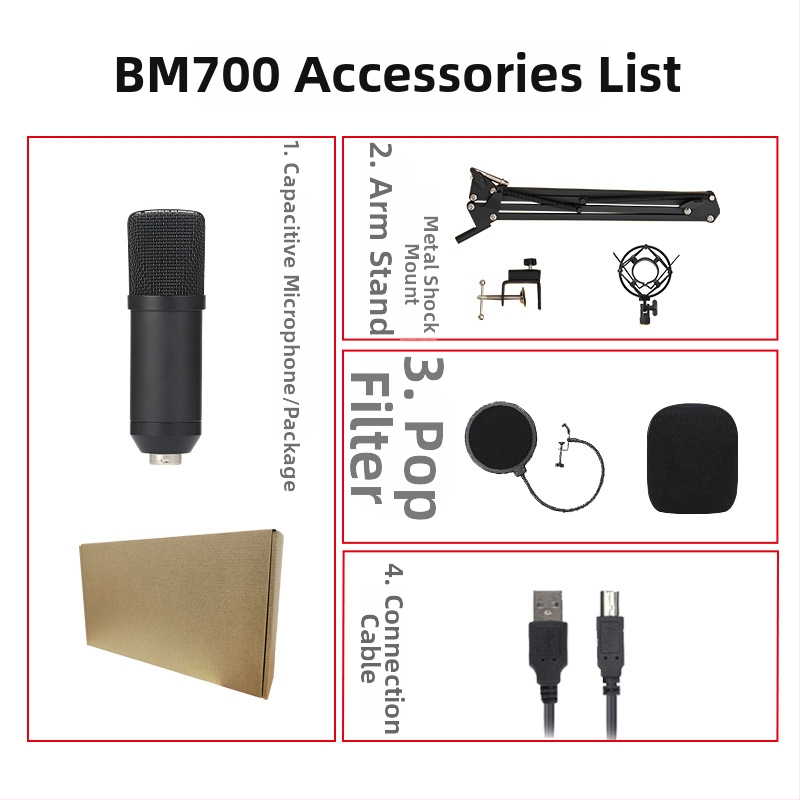 USB počítačový kondenzátorový mikrofón BM700/BM800 pre živé vysielanie a hranie, bezdrôtový, hyperkardioidné snímanie, 20 Hz-20 kHz, SNR ≥85 dB, 1.5-5 V BM700/BM800