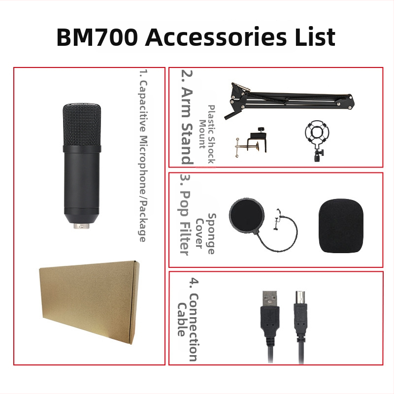 USB počítačový kondenzátorový mikrofón BM700/BM800 pre živé vysielanie a hranie, bezdrôtový, hyperkardioidné snímanie, 20 Hz-20 kHz, SNR ≥85 dB, 1.5-5 V BM700/BM800