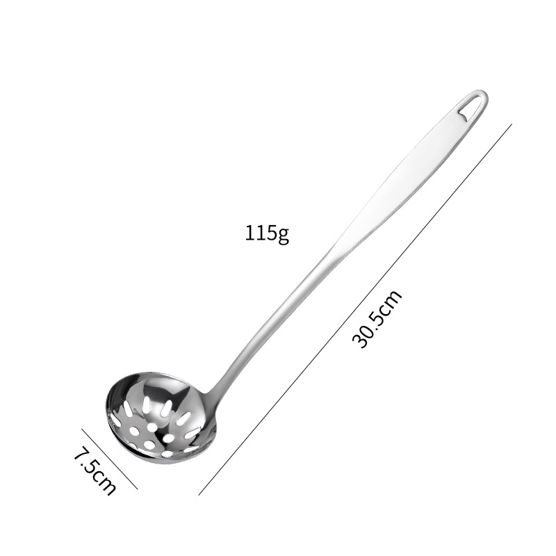 Sriubos šaukštas su įmontuotu sieteliu, sutirštintas 304 nerūdijančio plieno, ilgas kotas, neslidžia rankena, atspari aukštoms temperatūroms