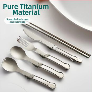 Titano stovyklinių įrankių rinkinys: sulankstomas peilis, šakutė, šaukštas, salotų šakutė ir lazdelės, veidrodinis poliravimas, lengvas ir nešiojamas