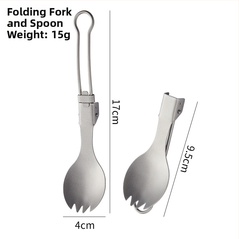 Titano stovyklinių įrankių rinkinys: sulankstomas peilis, šakutė, šaukštas, salotų šakutė ir lazdelės, veidrodinis poliravimas, lengvas ir nešiojamas