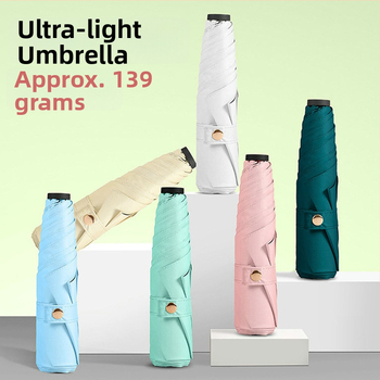 Labai lengvas trijų dalių sulankstomas skėtis su 190T audiniu, 6 pluošto briaunos, aliumininis stulpas, plastikinė rankena, rankinis atidarymas uždarymas, logotipo pritaikymas