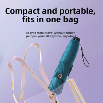 Labai lengvas trijų dalių sulankstomas skėtis su 190T audiniu, 6 pluošto briaunos, aliumininis stulpas, plastikinė rankena, rankinis atidarymas uždarymas, logotipo pritaikymas