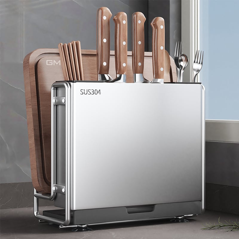 Najie 304 nerūdijančio plieno daugiafunkcinis virtuvės stovelis su integruota peilių ir pjaustymo lentos saugykla, be įrengimo, šiuolaikiškas paprastas dizainas