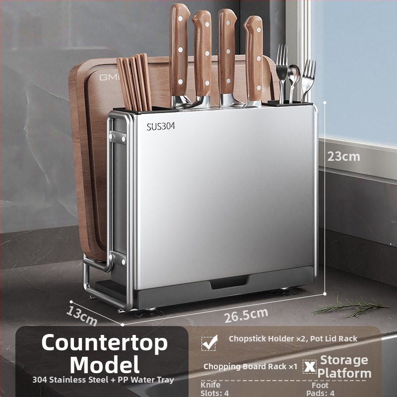 Najie 304 nerūdijančio plieno daugiafunkcinis virtuvės stovelis su integruota peilių ir pjaustymo lentos saugykla, be įrengimo, šiuolaikiškas paprastas dizainas