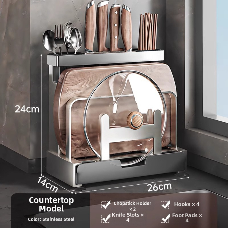 Najie 304 nerūdijančio plieno daugiafunkcinis virtuvės stovelis su integruota peilių ir pjaustymo lentos saugykla, be įrengimo, šiuolaikiškas paprastas dizainas