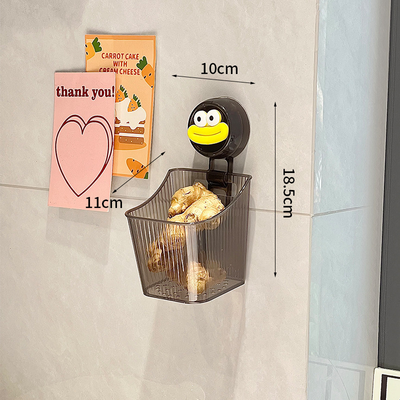 Sieninis virtuvės organizatorius svogūnams, imbierui ir česnakui – plastmasinis, su siurbimo laikikliu, be gręžimo