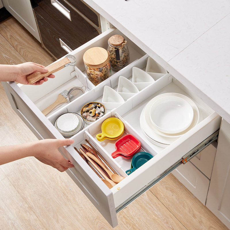 Пластмасов кухненски органайзер за чекмедже с телескопичен разделител, японски стил, 1 слой, монтаж със стенен вакуум, марка Mai Qi
