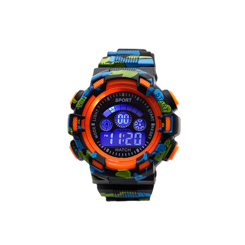 Daudzfunkcionālais elektroniskais pulkstenis ar maskēšanās dizainu āra sportiem, apaļš ciparnīca, digitālais displejs, elektroniskā kustība, ABS siksna, PVC korpuss